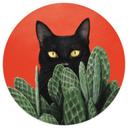 Papier peint photo Chat noir caché dans les cactus Rond - Korenkova
