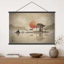 Textielposter Japanse tempel bij zonsopgang - Roze