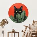 Tableaux Chat noir caché dans les cactus Rond - Korenkova