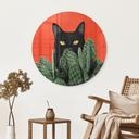 Tableau sur verre Chat noir caché dans les cactus Rond - Korenkova