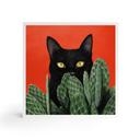 Tableau sur bois à poser Chat noir caché dans les cactus - Korenkova