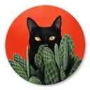 Tableau sur verre Chat noir caché dans les cactus Rond - Korenkova