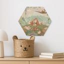Hexagon Houten Wanddecoratie Vossenfamilie op de Bloemenweide - Oliver Robins