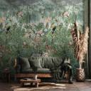 Fototapet med motiv af jungledyr og blomster med tukan akvarel 2,7 x 1,59 m
