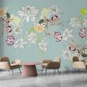 Botanisk tapet i mint - non-woven tapet med tegnet blomsterarrangement