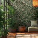 Papel pintado selva arena verde oscuro - diseño de plantas exóticas 