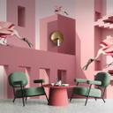 Surrealistisk fugletapet i rosa toner - non-woven tapet med arkitektoniske elementer