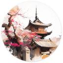 Tapet cirkel Japansk pagode med kirsebærblomster - Jaszke - vliesetapet/selvklæbende non-woven tapet