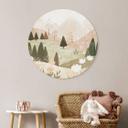 Billede af pastelfarvet bjerglandskab med blomster - Treechild - rund – print på aluminium
