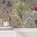 Papier peint intissé motif floral sur fond vert avec papillons