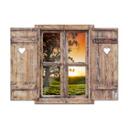 3D Wallsticker trævindue med hjerte - Solnedgang over bakkerne