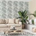 Papel pintado no tejido en gris verde árboles hojas selva naturaleza floral 
