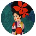 Vinilo decorativo Mujer con flores rojas y vestido estampado - Hülya - Redondo