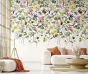 Fototapet med motiv Farverig blomstereng med sommerfugle og fugle 3,4 x 2,12 m