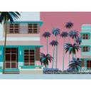 Miami Retro Colourful - ikke-vævet tapet med palmer og huse til stue og kontor
