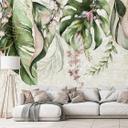 Akvarel jungleblade med sarte blomster Fototapet 3,4 x 2,65 m