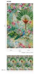 Blomster og påfugle tapet Fototapet grøn, pink, steneffekt 2,70 x 1,59 m