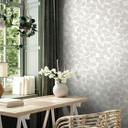 Papel pintado no tejido 3D, hojas naturaleza floral mate en gris blanco