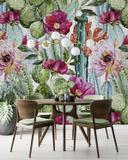 Fototapet med motiv af kaktus og lyserøde blomster med sommerfugl 3,4 x 2,65 m