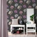 Blomstret tapet med pæoner sort-lilla - elegant blomstret tapet - Ikke-vævet tapet