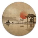 Billede af træ Japansk tempel ved solopgang - Roze - Round
