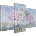 3 stykke lærredstryk, et blomstrende træ på engen