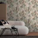 Papier peint abstrait feuilles en beige vert bleu - tons naturels doux - papier peint intissé
