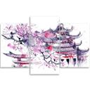 3 stykke lærredstryk, Pagoda Cherry Tree Japan Painted