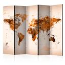 Screen room divider - Verdenskort - Verden i brune nuancer , 5-delt - 225x172 cm
