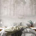 Bos Fotobehang - bos bij het meer in beige mist - Ms Tiff