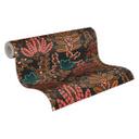 non-woven tapet med blade i retrostil sort farverig - blomstret tapet blomster