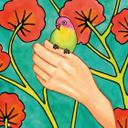 Fotomural boho - mujer con corona de flores rojas y pájaro - Hülya