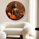 Rundt lærredsbillede af mediterende Buddha og farverige blomster