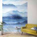 Tapet Fototapet med tågedal ved sø Blå, Grå, Illustration 2,70 x 2,12 m
