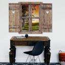 3D Wallsticker trævindue med hjerte - Solnedgang over bakkerne