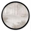 Poster Bos bij het meer in mist in beige - Ms Tiff - Rond