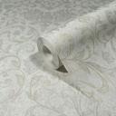 Non-woven tapet med blomster, blade og ornamenter i blank hvid, grå blomstermotiver