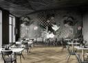 Fototapet med motiv af trane med art deco-viftemønster og blomster 2,7 x 2,12 m