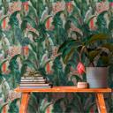 tapet med palmeblade lysegrønt rødt - blomstret non-woven tapet junglemotiver