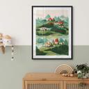 Póster infantil Treechild - Pequeño pueblo en medio de verdes colinas