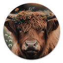 Cuadro de madera Treechild - Vaca de las Highlands con corona de flores - Redondo