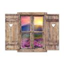 3D Wallsticker trævindue med hjerte - solnedgang i bjergene