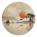 Billede af japansk tempel ved solopgang - Roze - rund – print på aluminium (Alu-Dibond)