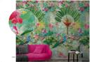Blomster og påfugle tapet Fototapet grøn, pink, steneffekt 2,70 x 1,59 m