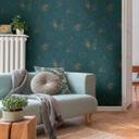 Papel pintado no tejido azul petróleo efecto metalizado dorado para salón, cocina