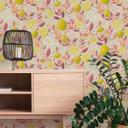 Citron tapet pink gul orange - Ikke-vævet tapet farverigt moderne - frugt & blade