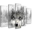 5 stykke lærredsprint, Wolf Forest Nature Grey