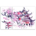 3 stykke lærredstryk, Pagoda Cherry Tree Japan Painted