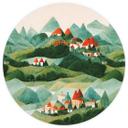 Tapet cirkel Treechild - Small village in the middle of green hills - vliesetapet/selvklæbende non-w