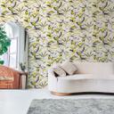 Papier peint intissé avec motif graphique de feuilles en jaune et noir sur blanc